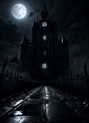 gothic night,Sanatorium (arkham asylum entrace:1.3), big moon, 1 level,  ((masterpiece, best quality)), art by greg rutkowski, illuminated