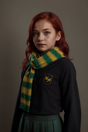1girl, (kid:1.3), 11 years old, (red hair:1.2) , (Green eyes:1.2)solo focus, portrait, simple background, standing, 
(Hufflepuff:1,4), hogrobe, black robe, hogscarf, hogsweater, skirt,
(masterpiece, best quality, extremely detailed, highly detailed face, beautiful detailed eyes)