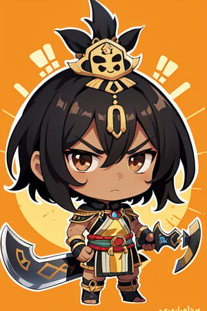 an Inca warrior, chibi style, holding his weapon, short black hair, serious face, masculine face, brown skin color