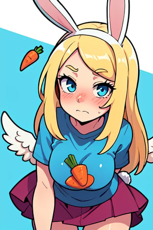 upper body, filo, 1girl, solo, embarrassed, closed mouth, white wings, blue bow, long hair, blue eyes, looking at viewer, parted bangs, bent over, 
blonde hair, filo,carrot hair, rabbit ears,rabbit tail,skirt,light cyan underpants, blue t-shirt
