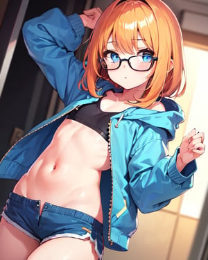 best quality,(1girl, solo),light blue eyes,light orange hair,flat chest,glasses,blue hoddie,black hotpants,
