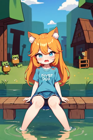 upper body, filo, 1girl, solo, embarrassed, open mouth,(Blue t-shirt,mini skirt, blue bow, blue cloak), (long hair, blue eyes, looking at viewer, parted bangs, filo, touching the chest,light orange hair, filo, sit,open legs),( frog,rabbit, birds, dogs,), 
 (forest, riverside, river,houseside, house,village)
,Neco Arc,Neco Pose,1GIRL, FULL BODY, :3, CAT EARS, CHIBI, C,cupa_minecraft,cls_chibi