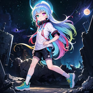 best quality,(1girl, solo,fullbody), (multicolored hair,red hair,blue hair,purple hair in the middle), 
(heterochromia, green eyes, blue eyes),(sports shorts,long white socks,sneakers)
(in a desert,fog,night,ruins,green sky,planets in the sky, starry sky, black moon),

no_humans,scenery