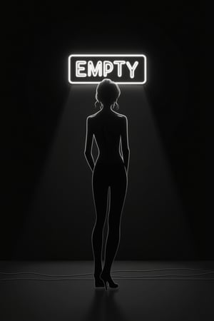 Illustration of 
A sensual woman standing alone in a dark empty area, staring at a neon sign that says "EMPTY"



,monochrome
,minimalist_line_style