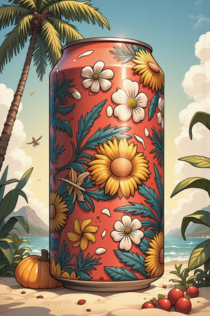 dynamic pose,  
Illustration of 
A Disney ad, featuring a beverage can design with traditional Hawaiian patterns



. layered complexity, intricate imagery,
,comix_style,