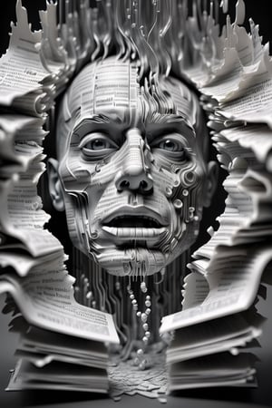 Photography, macro photography, a 3D figure of a person standing on the cover of a glass newspaper magazine with a stream of words pouring out of his mouth, black and white newspaper text in flat letters, depth of field, single-lens reflex camera, intricate details, studio lighting, 8K, high definition, a futuristic science fiction magazine, a screen magazine, cyberpunk art, 3D book art, background: a table in a futuristic science fiction world.