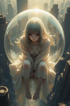 "A close-up shot of a person floating inside a giant transparent bubble, suspended in mid-air against a soft-focus cityscape background. The lighting is warm and cozy, with gentle highlights on the bubble's interior reflecting off the subject's face. They sit cross-legged, hands cupped around their knees, surrounded by wispy tendrils of fog that seem to be trapped inside the bubble. The overall effect is one of serenity and isolation. 
 


Style: dark fantasy art, movie still, cinematic, DARK, DARK ELF, DARK ART, low quality 1980 movie screengrab, lowres, cinematic, film grain, blurry, emoart, comix_style
