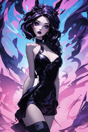 absurdres, highres, detailed, 8k uhd, masterpiece, best quality, high quality, ultra-detailed, (highly detailed), goth girl, 1girl, solo, 

dynamic pose, A minimal and psychedelic digital illustration, featuring a woman in the center of the composition, surrounded by abstract shapes in blue, pink, and purple colors, a dreamy atmosphere

,Comix_style