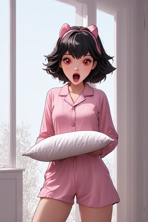 absurdres, highres, detailed, 8k uhd, masterpiece, best quality, high quality, ultra-detailed, (highly detailed), 

source_photo,ultra-detailed 8k, ,dynamic angle,ultraHD,ultrarealistic,

 1girl, :o, black hair, blush, brown hair, buttons, embarrassed, frills, hair flaps, head tilt, holding, holding pillow, indoors, long sleeves, looking at viewer, open mouth, pajamas, pillow, red eyes, red pajamas, solo, standing, sweat, sweatdrop, wall

,Comix_style