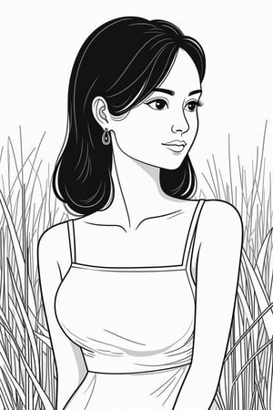 Illustration of a closeup shot of a beautiful teenage girl in a white dress wearing small silver earrings in the garden, under the soft morning light
monochrome,

,minimalist_line_style