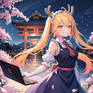 masterpiece, best quality, 1girl, grin, yellow eyes, medium hair, ladder, cherry blossoms, temple, dragon girl, detached sleeves, animal ears, happy, arms behind back, anime, driving a laptop, at night, good lamp lighting