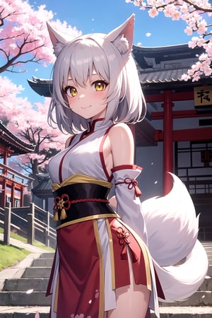 masterpiece, best quality, 1girl, yellow eyes, medium hair, stairs, cherry blossoms, temple, fox girl, detached sleeves, animal ears, happy, arms behind back,anime,yunyun, yunyun1,raidenshogundef,raidenshogunrnd