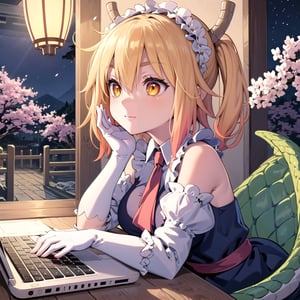 masterpiece, best quality, 1girl, v-shaped_eyebrows, yellow eyes, medium hair, ladder, cherry blossoms, temple, dragon girl, detached sleeves, anime, typing on a macbook laptop, hands on keyboard, concentrated, looking at the laptop, at night, good lamp lighting, 2hands, 5 fingers on each hand