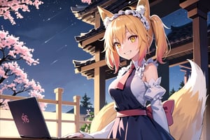 masterpiece, best quality, 1 girl, grin, yellow eyes, medium hair, ladder, cherry blossoms, temple, fox girl, detached sleeves, animal ears, happy, arms behind back, anime, driving a laptop, at night, good lamp lighting