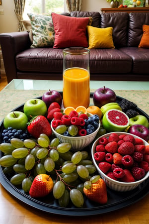 ((masterpiece)), (best quality), tray with many fruits, in the living room