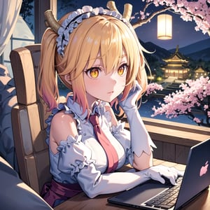 masterpiece, best quality, 1girl, v-shaped_eyebrows, yellow eyes, medium hair, ladder, cherry blossoms, temple, dragon girl, detached sleeves, anime, typing on a macbook laptop, at night, good lamp lighting, 2hands, concentrated