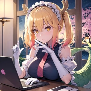 masterpiece, best quality, 1girl, v-shaped_eyebrows, yellow eyes, medium hair, ladder, cherry blossoms, temple, dragon girl, detached sleeves, anime, typing on a macbook laptop, hands on keyboard, concentrated, looking at the laptop, at night, good lamp lighting, 2hands, 5 fingers on each hand