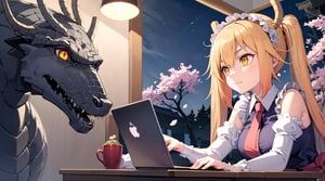 masterpiece, best quality, 1girl, v-shaped_eyebrows, yellow eyes, medium hair, ladder, cherry blossoms, temple, dragon girl, detached sleeves, anime, typing on a macbook laptop, hands on keyboard, concentrated, looking at the laptop, at night, good lamp lighting, 2hands, 5 fingers on each hand