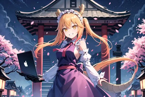 masterpiece, best quality, 1girl, grin, yellow eyes, medium hair, ladder, cherry blossoms, temple, dragon girl, detached sleeves, animal ears, happy, arms behind back, anime, driving a laptop, at night, good lamp lighting