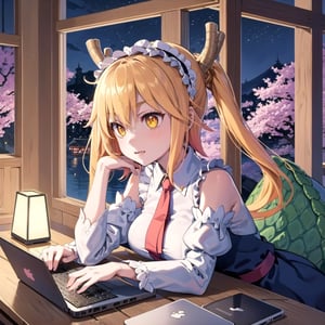 masterpiece, best quality, 1girl, v-shaped_eyebrows, yellow eyes, medium hair, ladder, cherry blossoms, temple, dragon girl, detached sleeves, anime, typing on a macbook laptop, at night, good lamp lighting