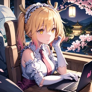 masterpiece, best quality, 1girl, v-shaped_eyebrows, yellow eyes, medium hair, ladder, cherry blossoms, temple, dragon girl, detached sleeves, anime, typing on a macbook laptop, hands on keyboard, concentrated, looking at the laptop, at night, good lamp lighting, 2hands, 5 fingers on each hand