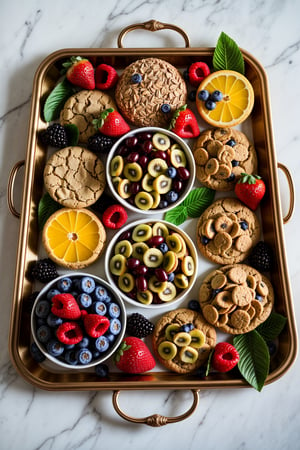 Tray with many fruits, accompanied by baked cookies, in the living room