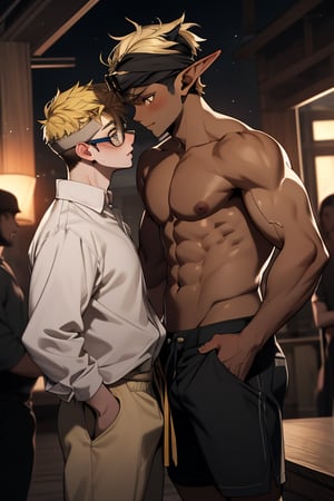 2boys, abs, blonde_hair, blush, dark-skinned_male, dark_skin, elf, eye_contact, eyewear_on_head, hetero, interracial, looking_at_another, male_focus, multiple_boys, nipples, shorts, yellow_eyes