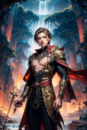 Generate an enthralling and ultra-detailed image of a handsome, virile, and muscular male character dressed as a mage, surrounded by other equally striking and beautiful men, using AI. Picture our mage, with his sculpted physique and mesmerizing gaze, clad in mage robes that accentuate his masculine features and accentuated by magical symbols, showcasing his mastery of the arcane arts.

As he stands with an air of confidence and allure, he is encircled by other breathtaking men, each with their unique charm and magnetism. The scene becomes a display of enchanting masculinity, where every man exudes power, strength, and charisma.

The setting remains a magical realm, but now, it is populated by a brotherhood of captivating male beings. Each man embodies his individual essence, complementing the mage's captivating presence.

In this fantastical realm, their interactions are filled with camaraderie, mutual admiration, and a shared sense of wonder and enchantment. Their bond is strong, reflecting a shared journey of self-discovery and magical prowess.

The background, an ethereal landscape, comes alive with vibrant colors and celestial beauty, enhancing the allure of this magical brotherhood. Nature itself seems to celebrate their presence, with trees swaying gently to the rhythm of their magic, and waterfalls cascading with a symphony of wonder.

The atmosphere exudes harmony, as this group of stunning men embraces the magical realm, united by their enchanting beauty and powerful presence.

In this AI-generated masterpiece, every detail is meticulously crafted, from the captivating expressions on each man's face to the intricate design of their mage robes. The image transports viewers to a realm where beauty and magic intertwine in a breathtaking celebration of masculinity and enchantment