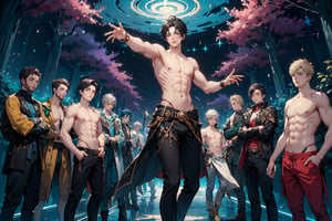 (shirtless,dynamic pose,   6+boys, :1.8) bulge, Generate an enthralling and ultra-detailed image of a handsome, virile, and muscular male character dressed as a mage, surrounded by other equally striking and beautiful men, using AI. Picture our mage, with his sculpted physique and mesmerizing gaze, clad in mage robes that accentuate his masculine features and accentuated by magical symbols, showcasing his mastery of the arcane arts.

As he stands with an air of confidence and allure, he is encircled by other breathtaking men, each with their unique charm and magnetism. The scene becomes a display of enchanting masculinity, where every man exudes power, strength, and charisma.

The setting remains a magical realm, but now, it is populated by a brotherhood of captivating male beings. Each man embodies his individual essence, complementing the mage's captivating presence.

In this fantastical realm, their interactions are filled with camaraderie, mutual admiration, and a shared sense of wonder and enchantment. Their bond is strong, reflecting a shared journey of self-discovery and magical prowess.

The background, an ethereal landscape, comes alive with vibrant colors and celestial beauty, enhancing the allure of this magical brotherhood. Nature itself seems to celebrate their presence, with trees swaying gently to the rhythm of their magic, and waterfalls cascading with a symphony of wonder.

The atmosphere exudes harmony, as this group of stunning men embraces the magical realm, united by their enchanting beauty and powerful presence.

In this AI-generated masterpiece, every detail is meticulously crafted, from the captivating expressions on each man's face to the intricate design of their mage robes. The image transports viewers to a realm where beauty and magic intertwine in a breathtaking celebration of masculinity and enchantment