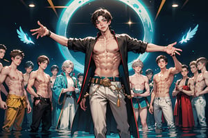 (shirtless,dynamic pose,   6+boys, :1.8) bulge, Generate an enthralling and ultra-detailed image of a handsome, virile, and muscular male character dressed as a mage, surrounded by other equally striking and beautiful men, using AI. Picture our mage, with his sculpted physique and mesmerizing gaze, clad in mage robes that accentuate his masculine features and accentuated by magical symbols, showcasing his mastery of the arcane arts.

As he stands with an air of confidence and allure, he is encircled by other breathtaking men, each with their unique charm and magnetism. The scene becomes a display of enchanting masculinity, where every man exudes power, strength, and charisma.

The setting remains a magical realm, but now, it is populated by a brotherhood of captivating male beings. Each man embodies his individual essence, complementing the mage's captivating presence.

In this fantastical realm, their interactions are filled with camaraderie, mutual admiration, and a shared sense of wonder and enchantment. Their bond is strong, reflecting a shared journey of self-discovery and magical prowess.

The background, an ethereal landscape, comes alive with vibrant colors and celestial beauty, enhancing the allure of this magical brotherhood. Nature itself seems to celebrate their presence, with trees swaying gently to the rhythm of their magic, and waterfalls cascading with a symphony of wonder.

The atmosphere exudes harmony, as this group of stunning men embraces the magical realm, united by their enchanting beauty and powerful presence.

In this AI-generated masterpiece, every detail is meticulously crafted, from the captivating expressions on each man's face to the intricate design of their mage robes. The image transports viewers to a realm where beauty and magic intertwine in a breathtaking celebration of masculinity and enchantment