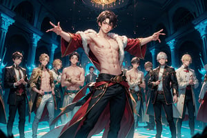 (shirtless,dynamic pose,   6+boys, :1.8) bulge, Generate an enthralling and ultra-detailed image of a handsome, virile, and muscular male character dressed as a mage, surrounded by other equally striking and beautiful men, using AI. Picture our mage, with his sculpted physique and mesmerizing gaze, clad in mage robes that accentuate his masculine features and accentuated by magical symbols, showcasing his mastery of the arcane arts.

As he stands with an air of confidence and allure, he is encircled by other breathtaking men, each with their unique charm and magnetism. The scene becomes a display of enchanting masculinity, where every man exudes power, strength, and charisma.

The setting remains a magical realm, but now, it is populated by a brotherhood of captivating male beings. Each man embodies his individual essence, complementing the mage's captivating presence.

In this fantastical realm, their interactions are filled with camaraderie, mutual admiration, and a shared sense of wonder and enchantment. Their bond is strong, reflecting a shared journey of self-discovery and magical prowess.

The background, an ethereal landscape, comes alive with vibrant colors and celestial beauty, enhancing the allure of this magical brotherhood. Nature itself seems to celebrate their presence, with trees swaying gently to the rhythm of their magic, and waterfalls cascading with a symphony of wonder.

The atmosphere exudes harmony, as this group of stunning men embraces the magical realm, united by their enchanting beauty and powerful presence.

In this AI-generated masterpiece, every detail is meticulously crafted, from the captivating expressions on each man's face to the intricate design of their mage robes. The image transports viewers to a realm where beauty and magic intertwine in a breathtaking celebration of masculinity and enchantment