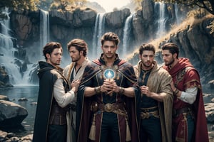 Generate an enthralling and ultra-detailed image of a handsome, virile, and muscular male character dressed as a mage, surrounded by other equally striking and beautiful men, using AI. Picture our mage, with his sculpted physique and mesmerizing gaze, clad in mage robes that accentuate his masculine features and accentuated by magical symbols, showcasing his mastery of the arcane arts.

As he stands with an air of confidence and allure, he is encircled by other breathtaking men, each with their unique charm and magnetism. The scene becomes a display of enchanting masculinity, where every man exudes power, strength, and charisma.

The setting remains a magical realm, but now, it is populated by a brotherhood of captivating male beings. Each man embodies his individual essence, complementing the mage's captivating presence.

In this fantastical realm, their interactions are filled with camaraderie, mutual admiration, and a shared sense of wonder and enchantment. Their bond is strong, reflecting a shared journey of self-discovery and magical prowess.

The background, an ethereal landscape, comes alive with vibrant colors and celestial beauty, enhancing the allure of this magical brotherhood. Nature itself seems to celebrate their presence, with trees swaying gently to the rhythm of their magic, and waterfalls cascading with a symphony of wonder.

The atmosphere exudes harmony, as this group of stunning men embraces the magical realm, united by their enchanting beauty and powerful presence.

In this AI-generated masterpiece, every detail is meticulously crafted, from the captivating expressions on each man's face to the intricate design of their mage robes. The image transports viewers to a realm where beauty and magic intertwine in a breathtaking celebration of masculinity and enchantment