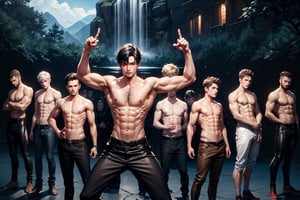 (shirtless,dynamic pose,   6+boys, :1.8) bulge, Generate an enthralling and ultra-detailed image of a handsome, virile, and muscular male character dressed as a mage, surrounded by other equally striking and beautiful men, using AI. Picture our mage, with his sculpted physique and mesmerizing gaze, clad in mage robes that accentuate his masculine features and accentuated by magical symbols, showcasing his mastery of the arcane arts.

As he stands with an air of confidence and allure, he is encircled by other breathtaking men, each with their unique charm and magnetism. The scene becomes a display of enchanting masculinity, where every man exudes power, strength, and charisma.

The setting remains a magical realm, but now, it is populated by a brotherhood of captivating male beings. Each man embodies his individual essence, complementing the mage's captivating presence.

In this fantastical realm, their interactions are filled with camaraderie, mutual admiration, and a shared sense of wonder and enchantment. Their bond is strong, reflecting a shared journey of self-discovery and magical prowess.

The background, an ethereal landscape, comes alive with vibrant colors and celestial beauty, enhancing the allure of this magical brotherhood. Nature itself seems to celebrate their presence, with trees swaying gently to the rhythm of their magic, and waterfalls cascading with a symphony of wonder.

The atmosphere exudes harmony, as this group of stunning men embraces the magical realm, united by their enchanting beauty and powerful presence.

In this AI-generated masterpiece, every detail is meticulously crafted, from the captivating expressions on each man's face to the intricate design of their mage robes. The image transports viewers to a realm where beauty and magic intertwine in a breathtaking celebration of masculinity and enchantment