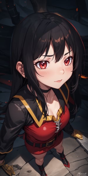 megumin, full body looking straight ahead, 
dramatic lighting, 
detailed face, detailed nose,
 intricate background,
realism,realistic,portrait,photorealistic, 
sweet face