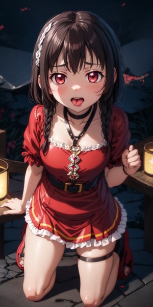 megumin, looking ahead, 
dramatic lighting, 
 intricate background,
sweet and innocent face, 15 year old girl face, leg harness, choker, wallpaper, standing,kurosawa ruby, 
braided side bangs, sticking out tongue, open mouth, 
kneeling, innocent, pov