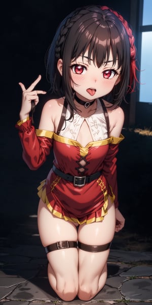 megumin, looking ahead, 
dramatic lighting, 
 intricate background,
sweet and innocent face, 15 year old girl face, leg harness, choker, wallpaper, standing,kurosawa ruby, 
braided side bangs, sticking out tongue, open mouth, 
kneeling, innocent, pov
