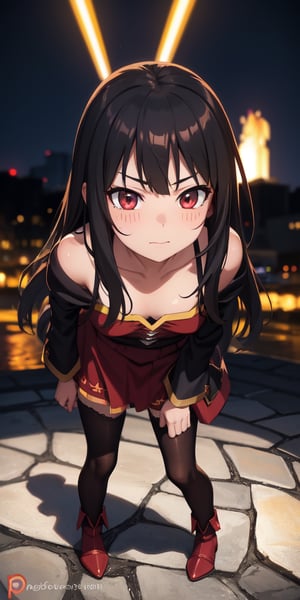 megumin, full body looking straight ahead, 
dramatic lighting, 
detailed face, detailed nose,
 intricate background,
realism,realistic,portrait,photorealistic, 
sweet face
