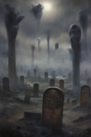 A misty graveyard under the full moon, with twisted, dead trees and spectral apparitions floating above old, weathered tombstones. Mysterious and chilling ambiance.
