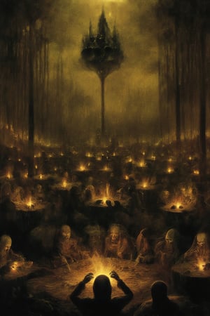 A dark forest illuminated by flickering lanterns, where sinister witches hold a midnight ritual around a bubbling cauldron. Dark fantasy style.
