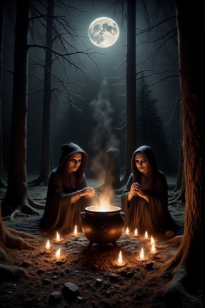 A dark forest illuminated by flickering lanterns, where sinister witches hold a midnight ritual around a bubbling cauldron. Dark fantasy style.
