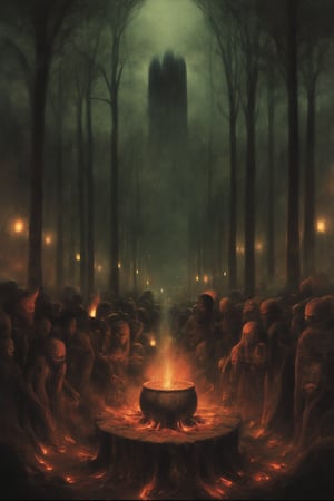 A dark forest illuminated by flickering lanterns, where sinister witches hold a midnight ritual around a bubbling cauldron. Dark fantasy style.
