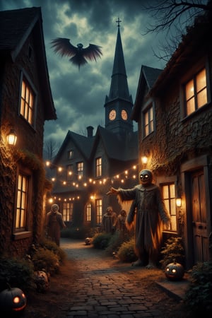 A quaint village square decorated for Halloween, but with an unsettling twist—sinister scarecrows with glowing eyes watch every move, and the disquieting silence is broken by distant, eerie whispers. Creepy festive tone.
