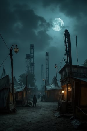 An eerie abandoned carnival at midnight, complete with rusted rides, tattered tents, and ghostly figures wandering around. Surreal and unsettling atmosphere.
