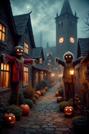 A quaint village square decorated for Halloween, but with an unsettling twist—sinister scarecrows with glowing eyes watch every move, and the disquieting silence is broken by distant, eerie whispers. Creepy festive tone.
