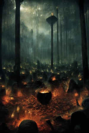 A dark forest illuminated by flickering lanterns, where sinister witches hold a midnight ritual around a bubbling cauldron. Dark fantasy style.
