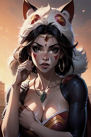 ilustrar a una mujer afroamericana, official art, unity 8k wallpaper, ultra detailed, beautiful and aesthetic, High quality, beautiful, masterpiece, best quality, hermosa mujer africana, disfrazada de superman, traje negro con dorado, capa negra, pose de fotografia top model,princessmononoke