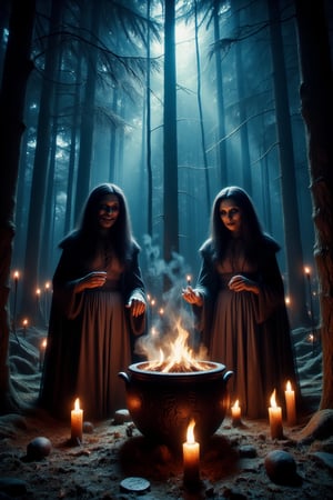 A dark forest illuminated by flickering lanterns, where sinister witches hold a midnight ritual around a bubbling cauldron. Dark fantasy style.
