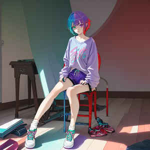 best quality,(1girl, solo,fullbody), (multicolored hair,red hair,blue hair,purple hair in the middle), (short hair) (heterochromia, green eyes, blue eyes),(sports shorts,long white socks,sneakers), (sit in a chair looking at the desk doing homework, writing in a notebook)(in the room) ,no_humans,scenery