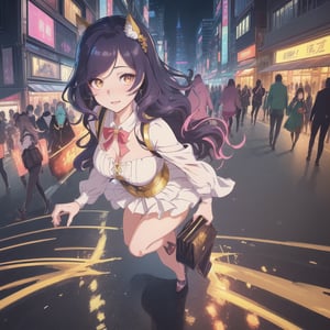 (Highest quality image: 0.8), (Highest quality image: 0.8), a perfect anime illustration, an extreme close-up portrait of a beautiful woman walking through the city (Umamusume). The anime style captures every detail of her face, from her expressive large eyes to her wavy and colorful hair. The woman is dressed in a modern and elegant outfit that reflects her confidence and personality. As she walks, the city lights reflect in her determined gaze. The background showcases illuminated skyscrapers and bustling streets, creating a vibrant urban atmosphere. Every stroke of the illustration is meticulous and full of life, capturing the essence of the scene with exceptional quality. This anime illustration transports you to the world of Umamusume, making you feel the energy and excitement of the city while falling in love with the beauty of this woman
