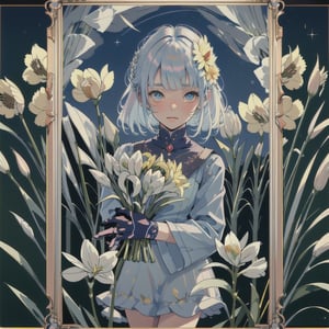 Flower card, (yellow daffodil), masterpiece, UltraHD, highres, intricate details, cute , kawaii, flower, foliage, leaves, (1girl), surrounded with flower, facing viewer, beautiful face, silver hair, blue eyes, holding bouquet of daffodil, night sky, watercolor, border, frame, decorative frame, decorative border,ayaka_genshin